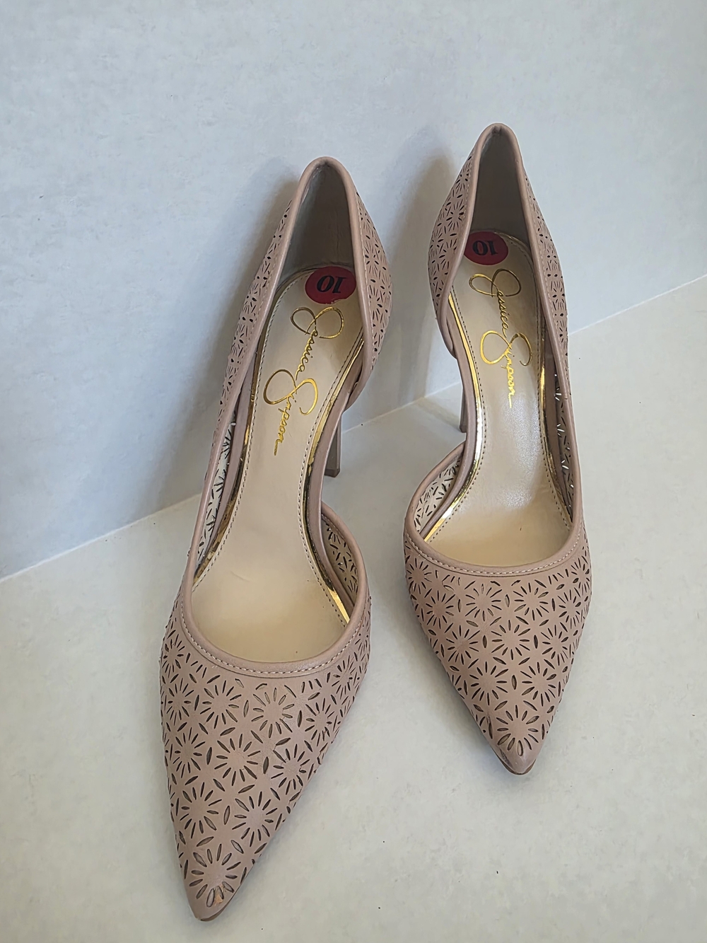 Jessica Simpson Nude Laser-Cut Pointed Toe Pumps